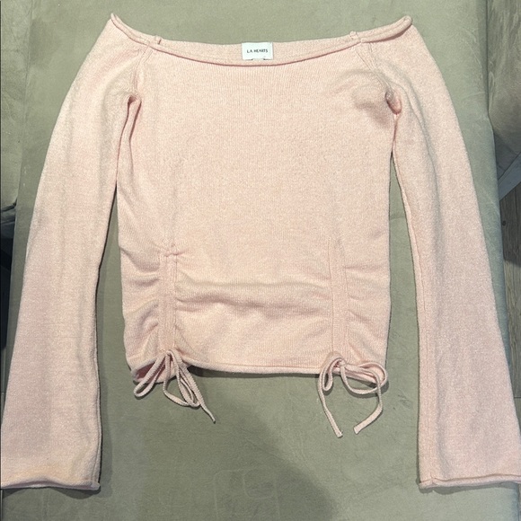 La Hearts Tops - La Hearts Light Pink Ruched Off the Shoulder Knit Top